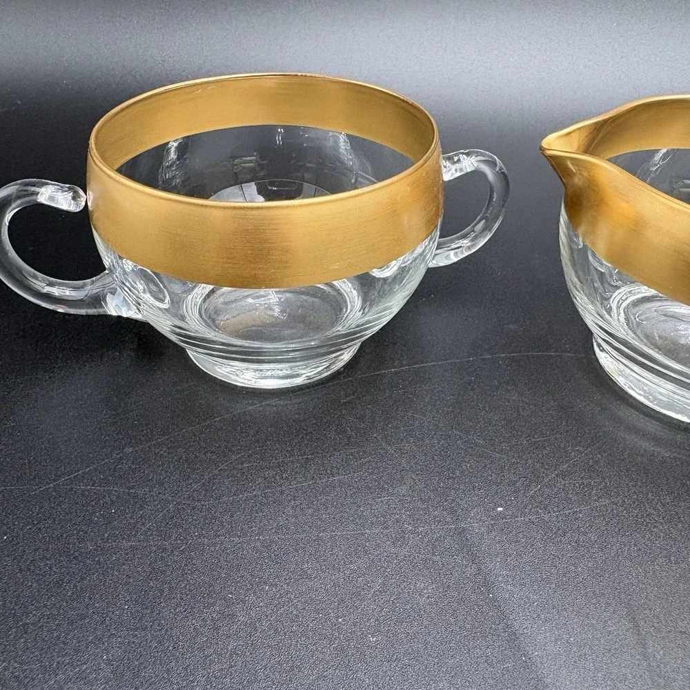 Vtg Dorothy Thorpe Glass Sugar Creamer Set Gold Band 60s MCM Retro